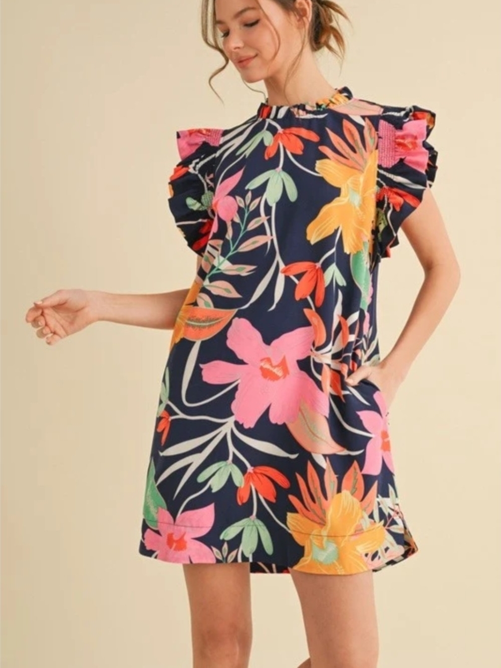 JODIFL Navy Floral Ruffle-Sleeve Mini Dress with Bright Blooms